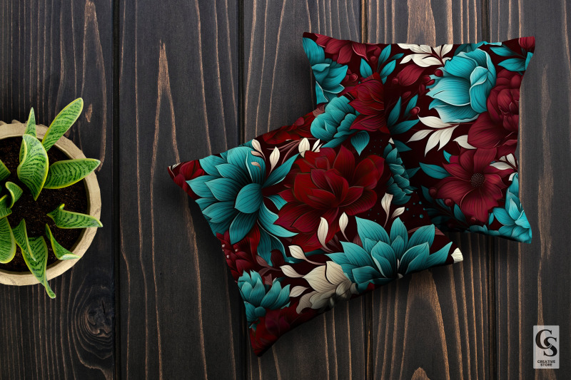 maroon-and-teal-flowers-seamless-patterns