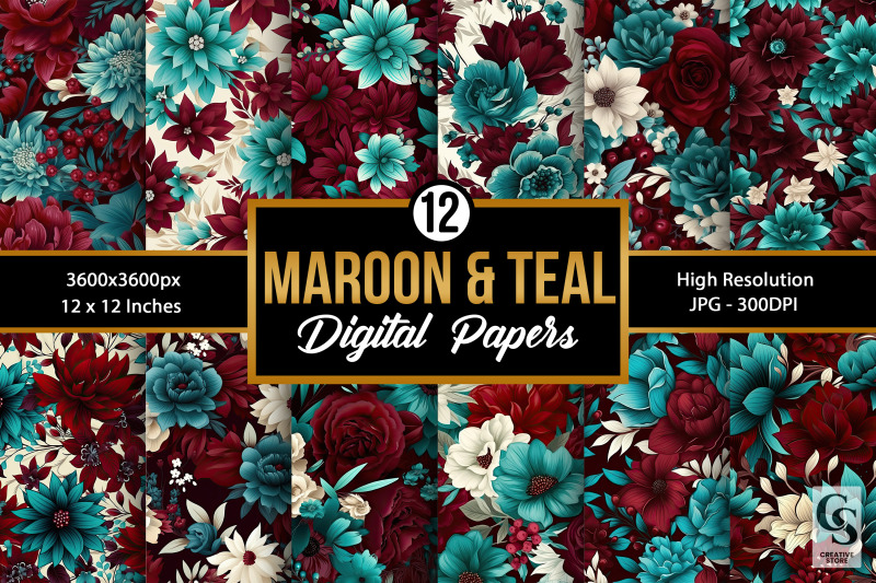 maroon-and-teal-flowers-seamless-patterns