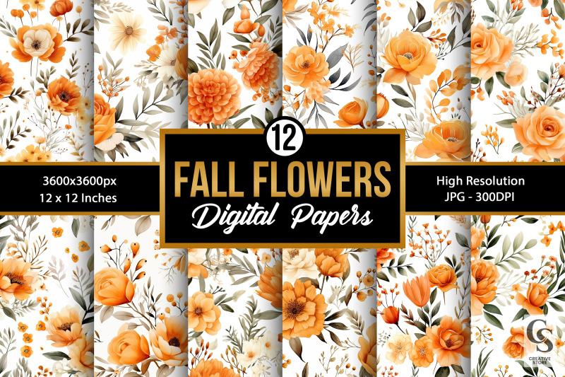 fall-watercolor-orange-flowers-seamless-patterns