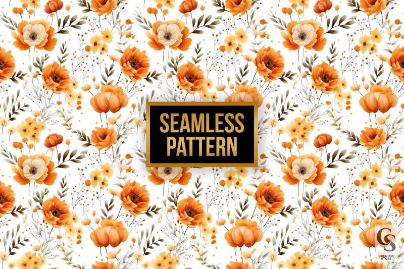 fall-watercolor-orange-flowers-seamless-patterns