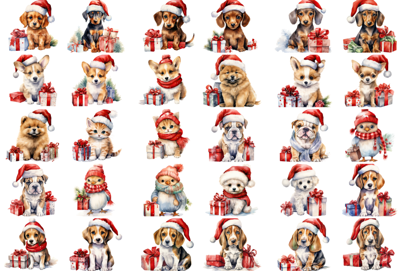 dogs-in-christmas-hats-watercolour-clipart-bundle-png-nbsp