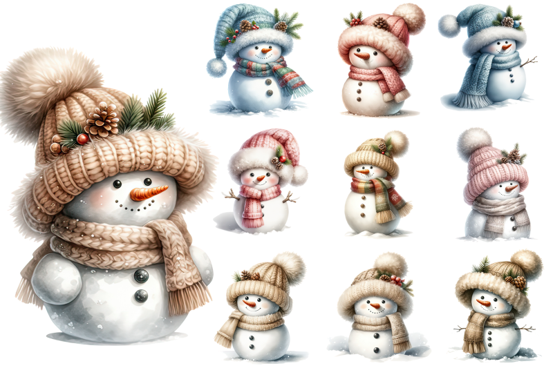 christmas-snowmen-watercolour-clipart-bundle-png