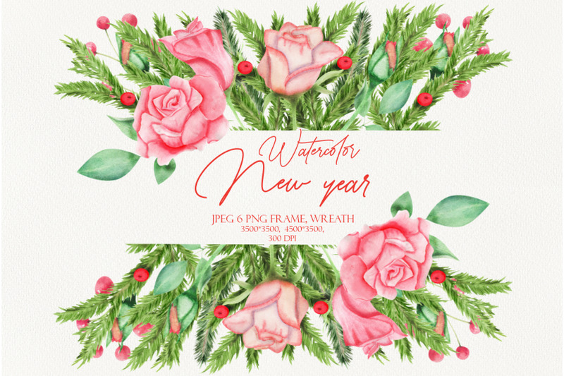 new-year-christmas-watercolor-roses-frame-wreath-hand-drawn