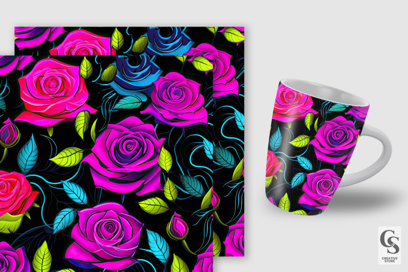 neon-rose-flowers-seamless-patterns