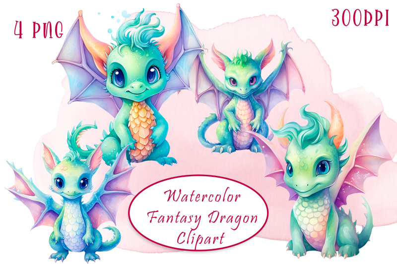 watercolor-colorful-fantasy-rainbow-dragons-clipart