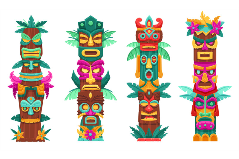 mask-totem-poles-traditional-tribal-sculptures-island-tiki-gods-face