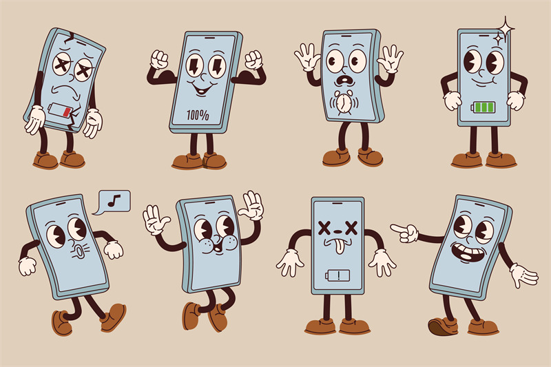 cartoon-mobile-phone-mascot-powerful-charged-smartphone-broken-scree