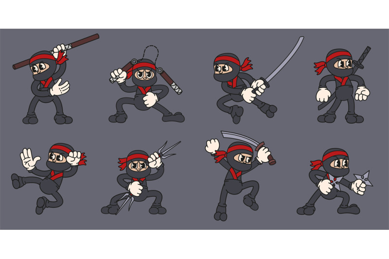 cartoon-ninja-mascot-cute-asian-warrior-in-fighting-poses-with-katana