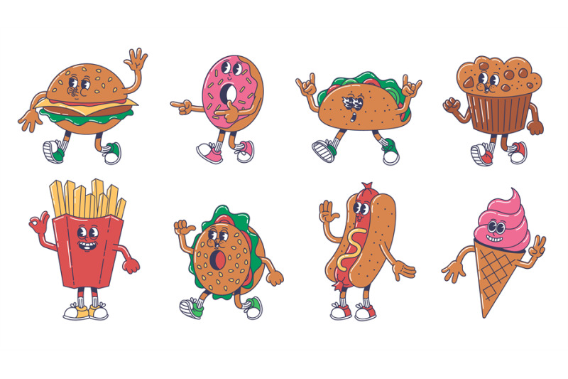 cartoon-fast-food-mascot-cheerful-burger-mexican-taco-sweet-donut-a