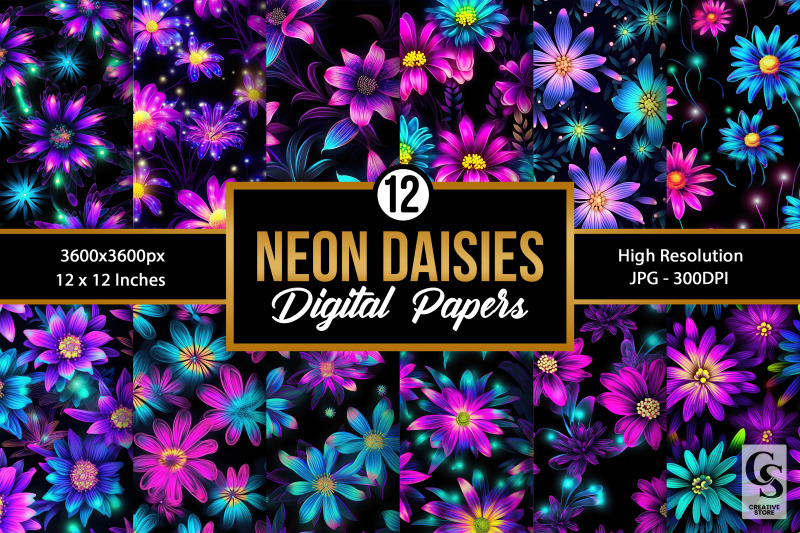 neon-daisy-flowers-digital-papers