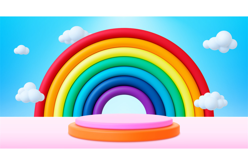 children-3d-background-rainbow-podium-and-white-bubbles-clouds-mode