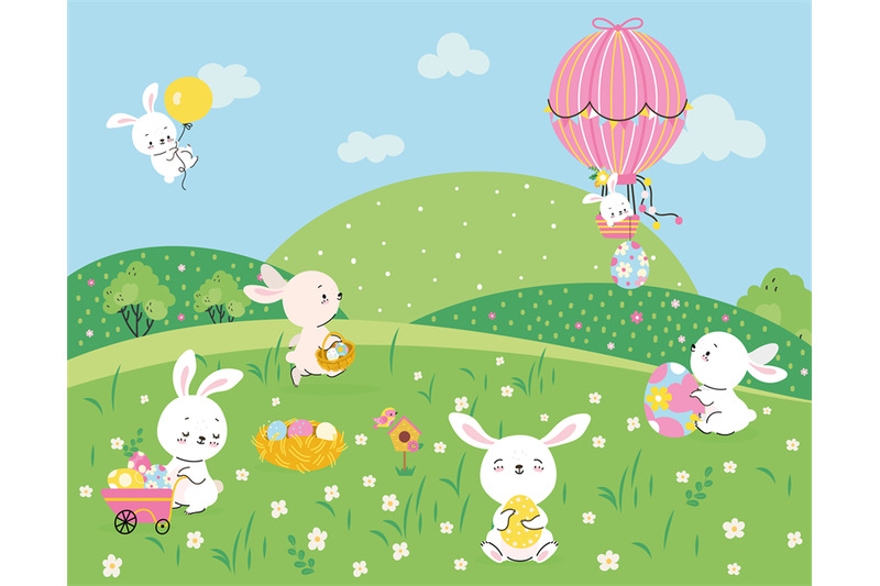 bunny-on-meadow-garden-bunnies-play-hunting-eggs-easter-rabbit-with