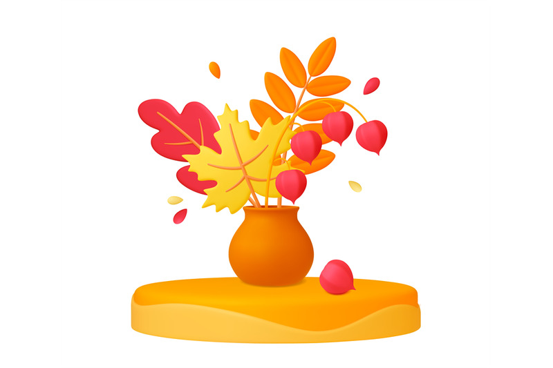 autumn-bouquet-in-vase-3d-leaves-in-pot-on-podium-fall-creative-real