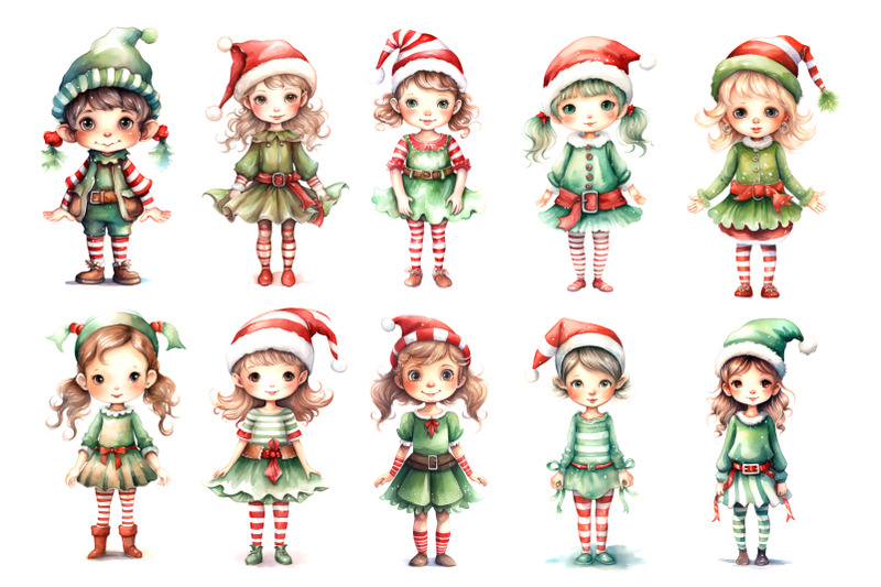 watercolor-christmas-elves-clipart-bundle
