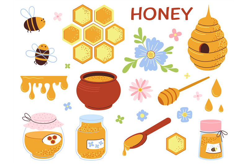 honey-flat-elements-beekeeping-industry-jars-and-liquid-caramel-syru