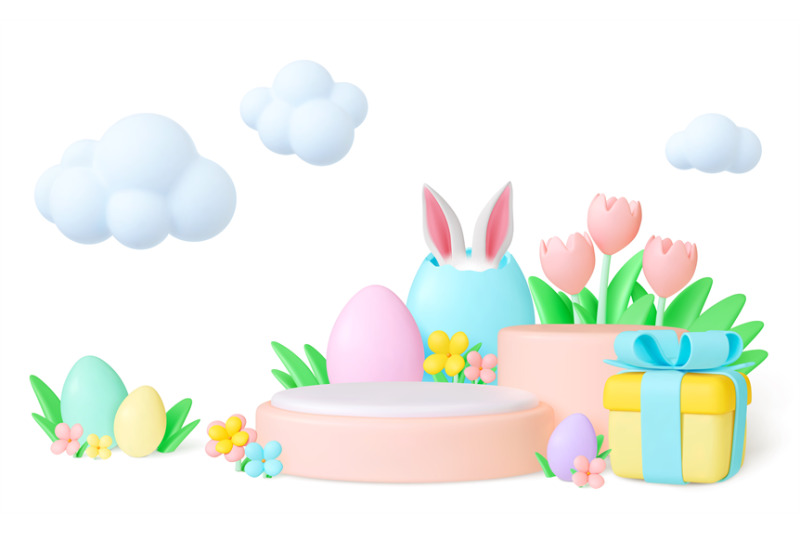 easter-3d-concept-nature-garden-objects-bunnies-ears-in-egg-and-gift