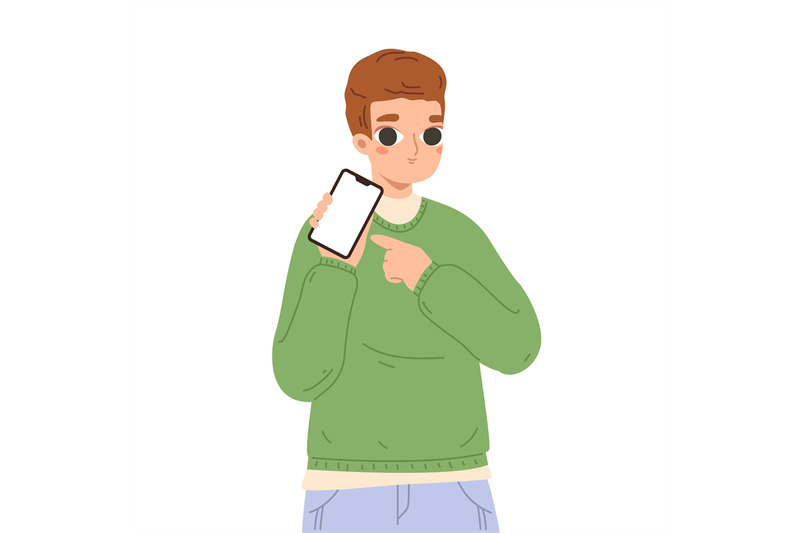 man-showing-screen-cellphone-smart-person-point-on-phone-cartoon-boy