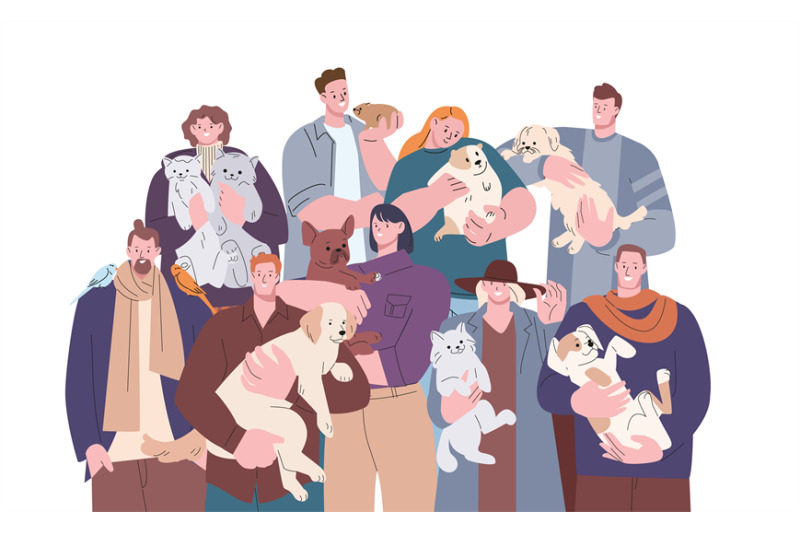 people-with-pets-portrait-woman-man-holding-dogs-cats-birds-cartoo