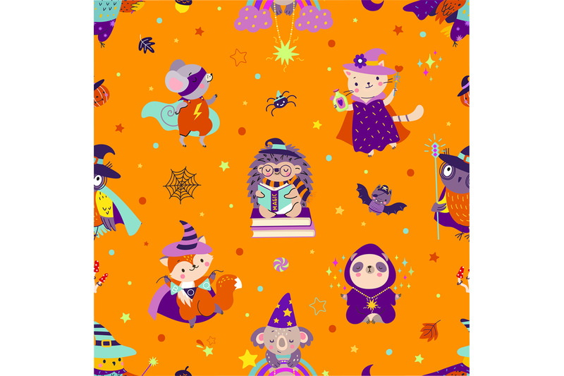 halloween-seamless-pattern-with-animals-in-costumes-autumn-party-fabr