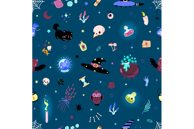 witch-magic-seamless-pattern-magical-elements-cartoon-bottle-poison