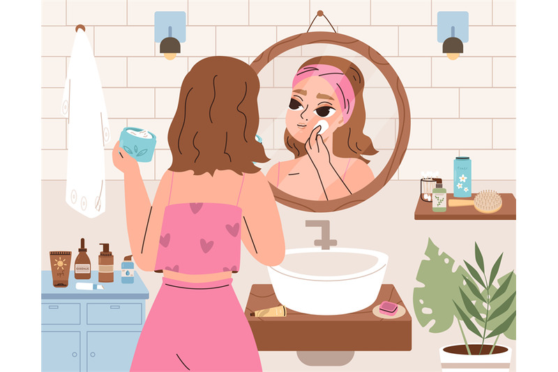 girl-self-care-in-bathroom-hygiene-routine-cleaning-and-moisturize-f