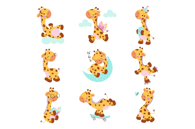 cute-giraffes-baby-giraffe-poses-cartoon-collection-kids-exotic-zoo