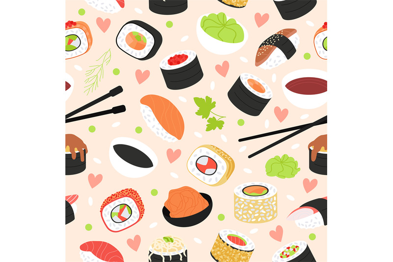 sushi-seamless-pattern-cartoon-salmon-and-vegetables-rolls-japanese