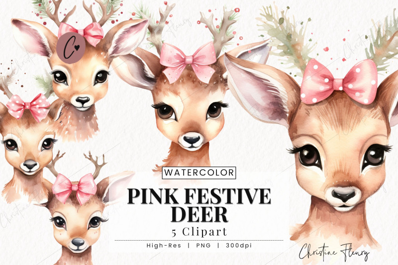 watercolor-pink-festive-deer-clipart
