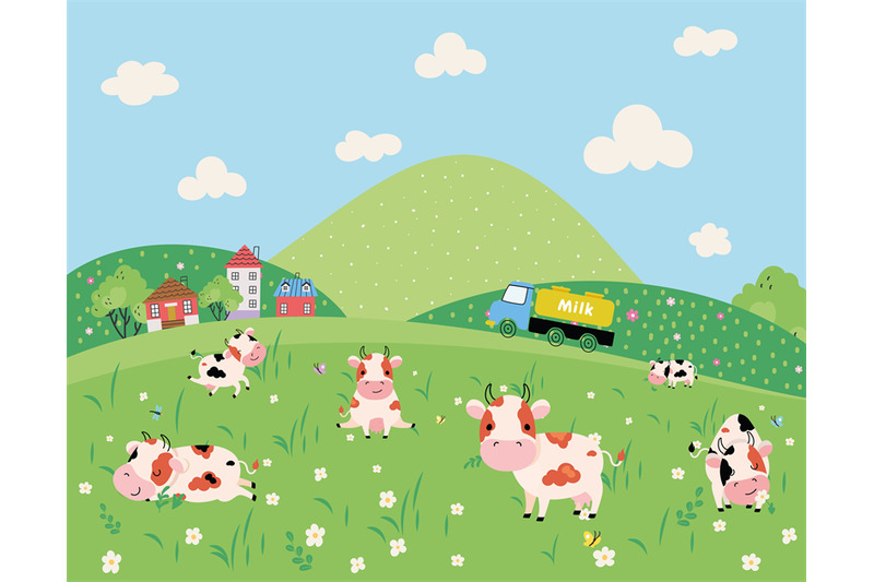farm-nature-landscape-cartoon-cow-on-green-meadow-milk-truck-and-tin