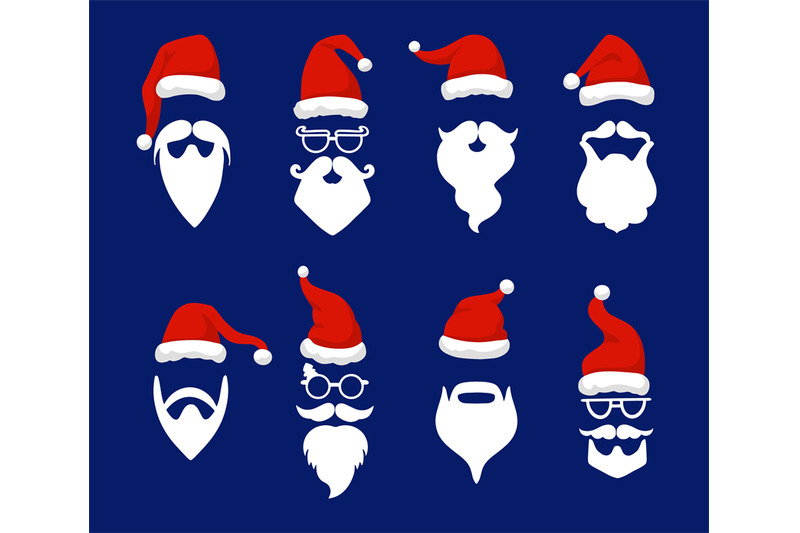 santa-hats-with-white-moustache-and-beards-cartoon-objects-claus-bea