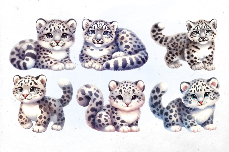 cute-watercolor-snow-leopard-bundle-png-cliparts