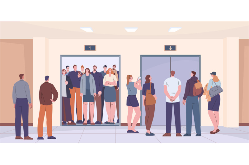 people-crowd-in-elevator-cartoon-characters-in-office-mall-or-hotel