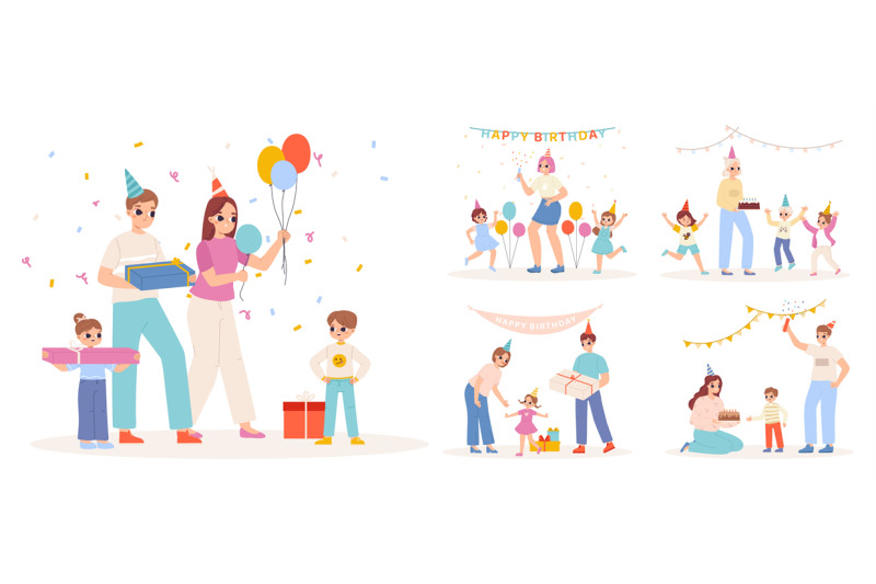 congratulations-kids-birthday-party-scenes-adults-with-gifts-and-pre