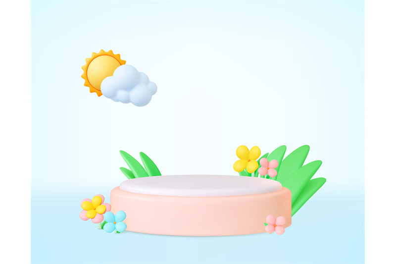 empty-3d-exhibition-stand-with-cloud-and-sun-and-blooming-flowers-with