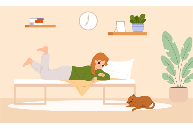 girl-resting-on-bed-and-looking-at-cat-cute-kitten-sleep-teens-relax