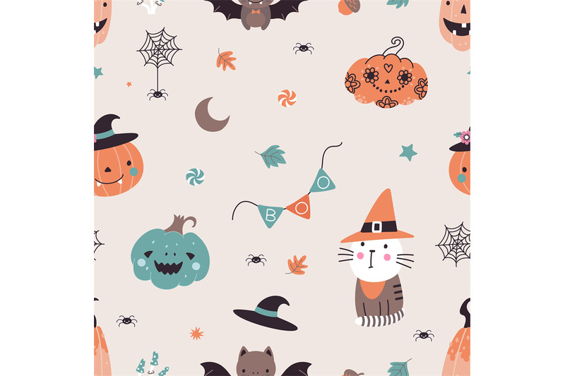 halloween-cartoon-seamless-pattern-with-pumpkins-bat-and-spider-witc