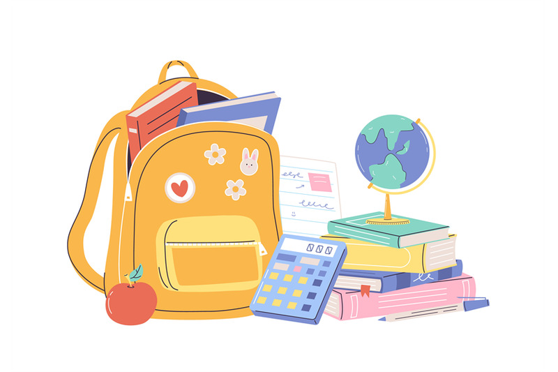 school-stationery-backpack-books-pile-and-notebook-calculator-and-g