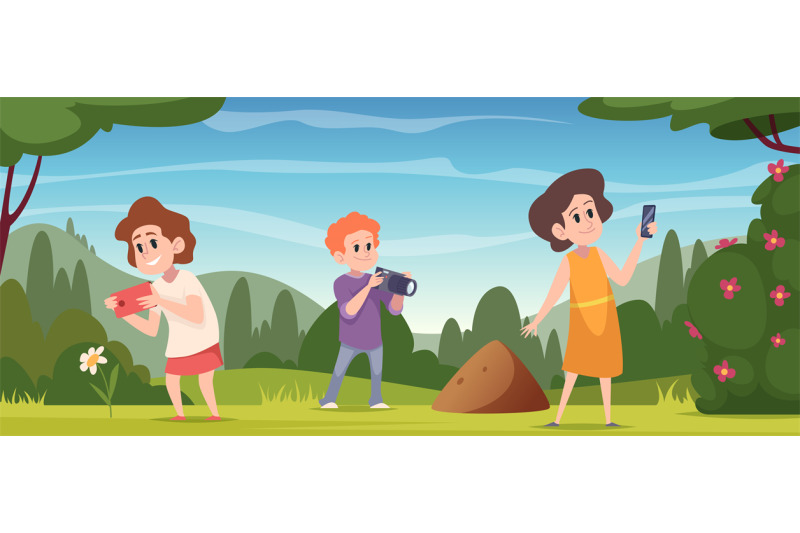 photographers-kids-making-photo-outdoor-exact-vector-cartoon-backgrou