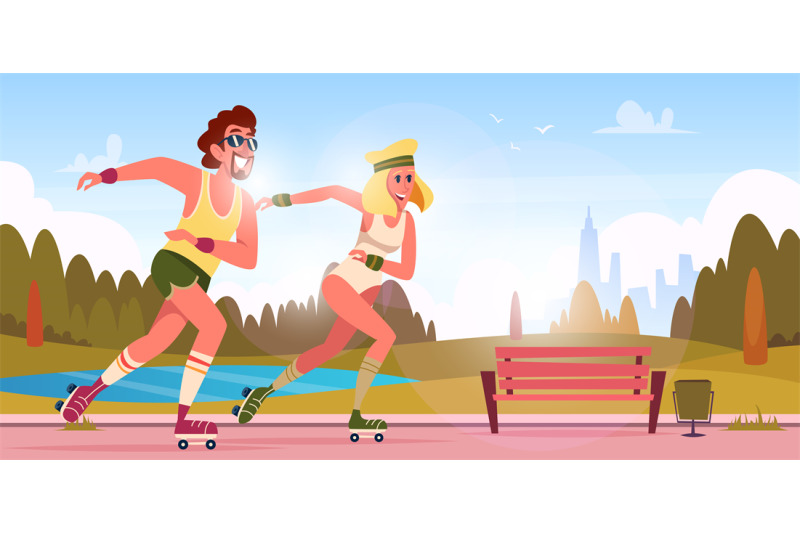 retro-skaters-active-people-rollers-riding-exact-vector-cartoon-backg