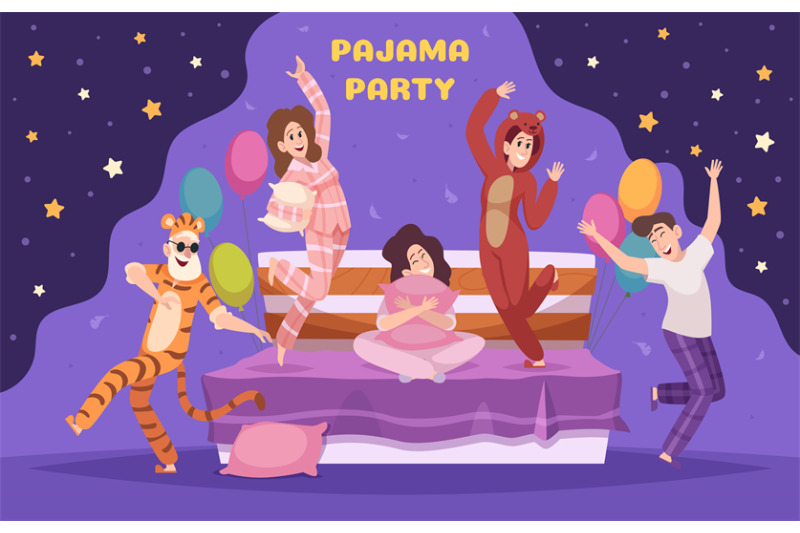 pajamas-party-cartoon-background-with-sleep-time-event-with-funny-cha