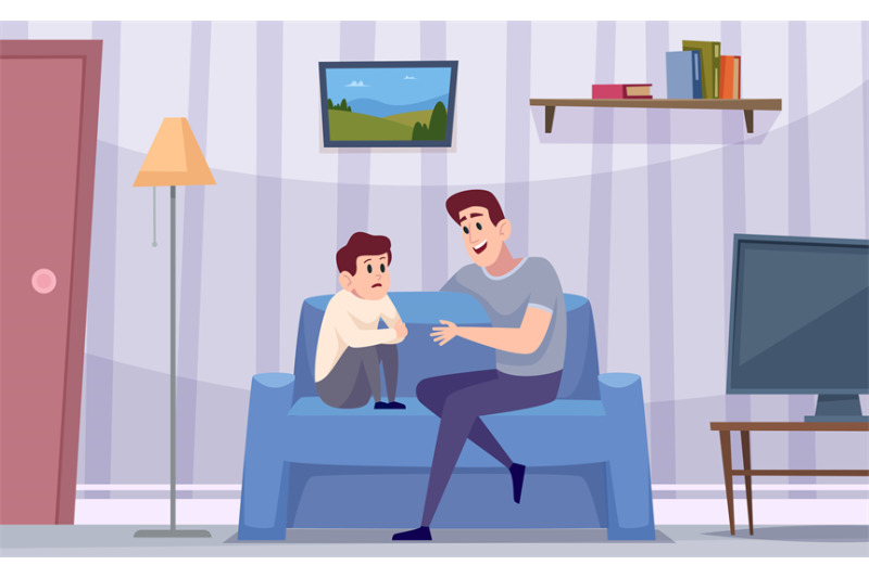 family-dialog-parents-talking-with-kids-exact-vector-cartoon-backgrou