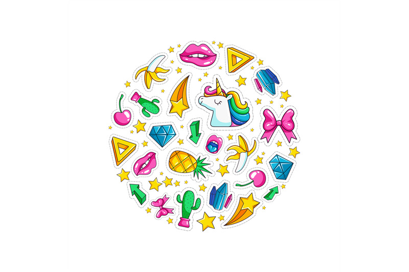 fantasy-circle-retro-style-sticky-symbols-unicorn-lips-diamond-arrows