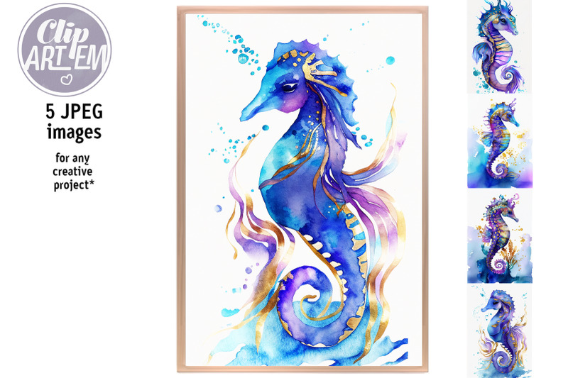 seahorse-printable-digital-art-watercolor-teal-purple-gold-5-jpeg-set