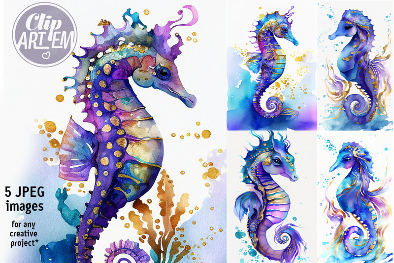 seahorse-printable-digital-art-watercolor-teal-purple-gold-5-jpeg-set