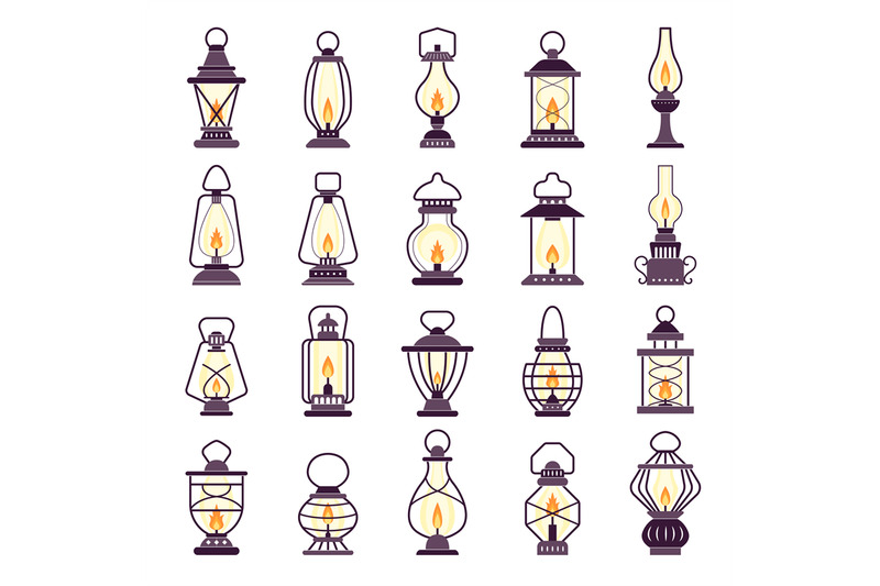 lanterns-set-kerosene-vintage-old-style-light-items-recent-vector-sty