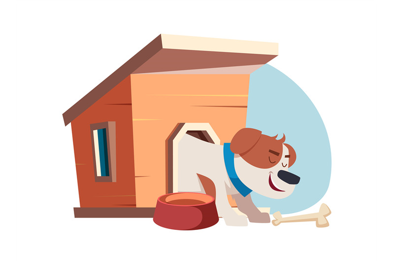 doghouse-happy-dog-eating-tasty-bones-vector-illustration