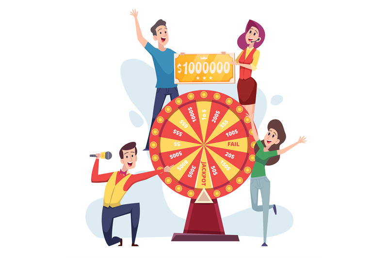 lucky-winners-wheel-of-luck-game-players-standing-with-big-prizes-ve