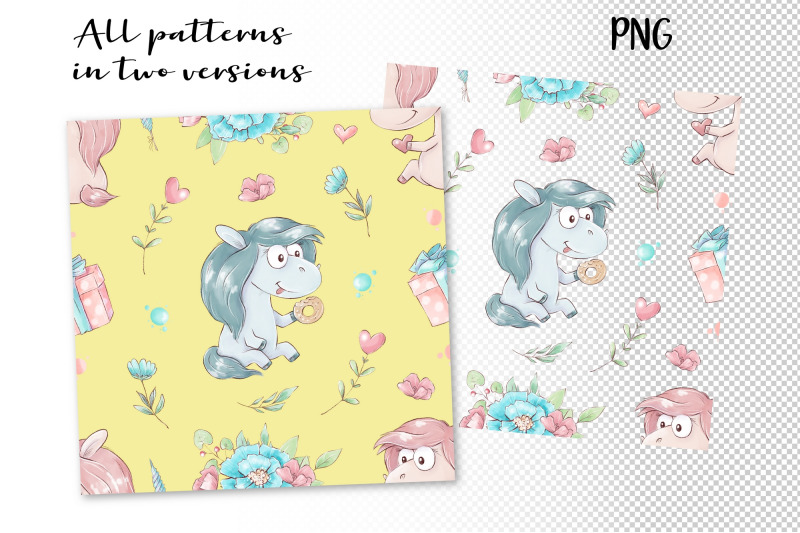 cute-pony-set-of-seamless-patterns-digital-paper