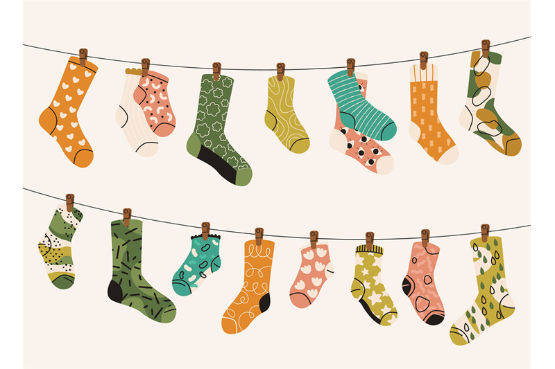 socks-on-rope-cartoon-dry-socks-on-textile-cord-knitted-wool-fabric