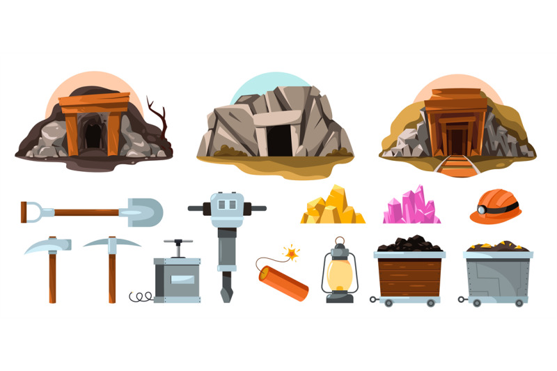 mine-tools-cartoon-miner-worker-tools-mining-cart-with-drill-hammer